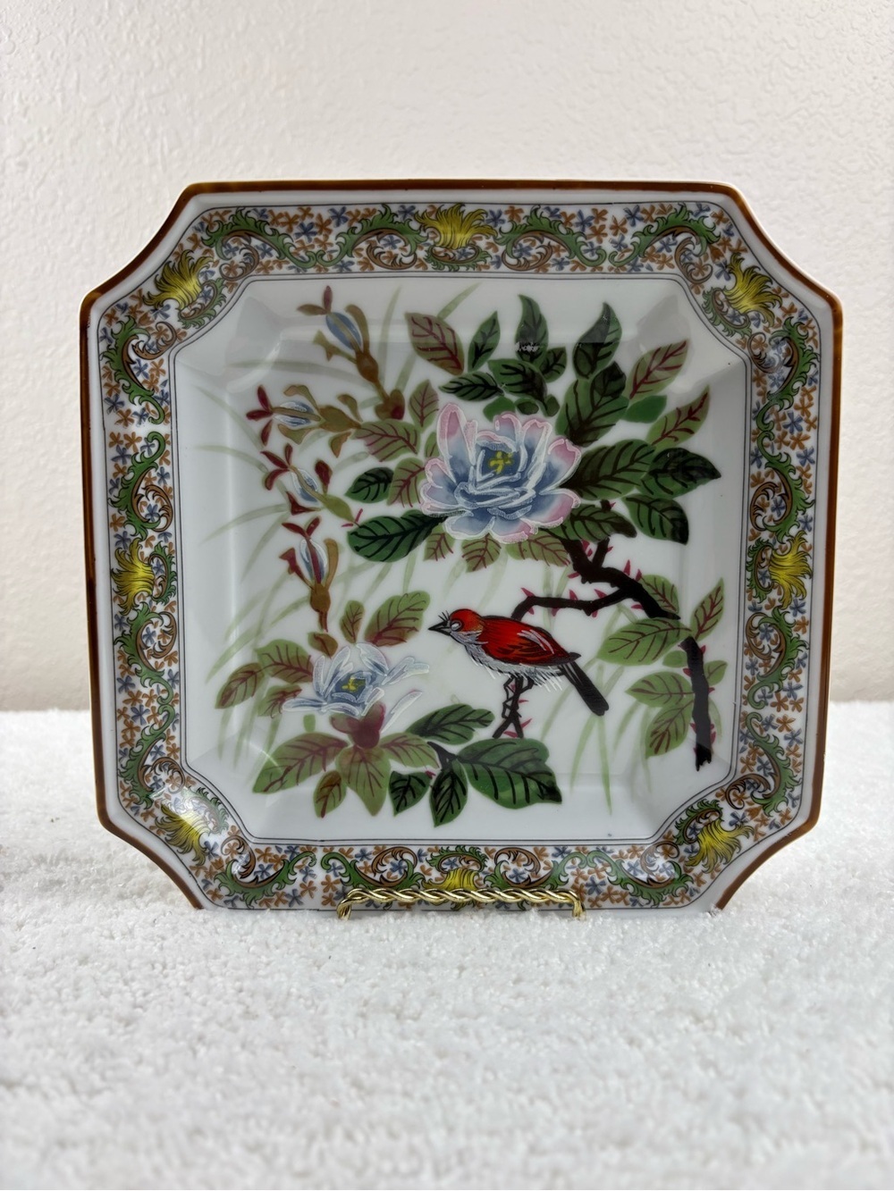 Vintage Andrea by Sadek Octagonal Handpainted Porcelain-Red Bird & Floral Design